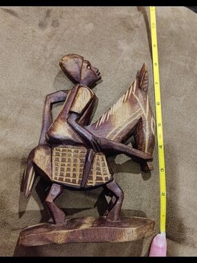 Hand-Carved Wooden Horse & Rider Sculpture - Brown